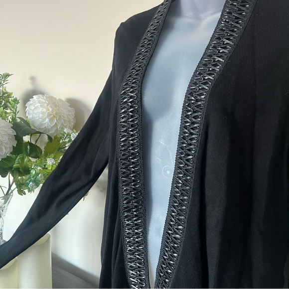 Black leather detailed Jana open front drape/wrap cardigan - Picture 4 of 12